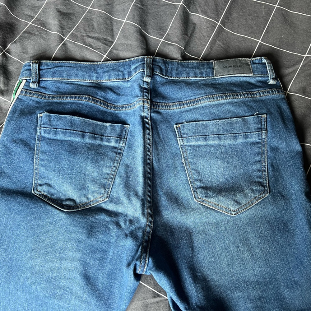 EUC - Zara Blue Skinny Jeans with Green Stripe (waist 16”) - Picture 5 of 7